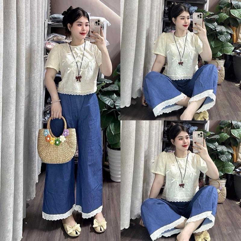 (1m6 đổ lại mang đẹp). Set áo đũi in hoa màu kem , quần jean ống rộng (89cm) may ren lưng thun Top Women Nữ dothudong