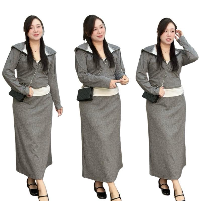  Set bộ len tăm cổ kéo khoá có mũ chân váy xuông bigsize nữ 2 màu  21448  Top 