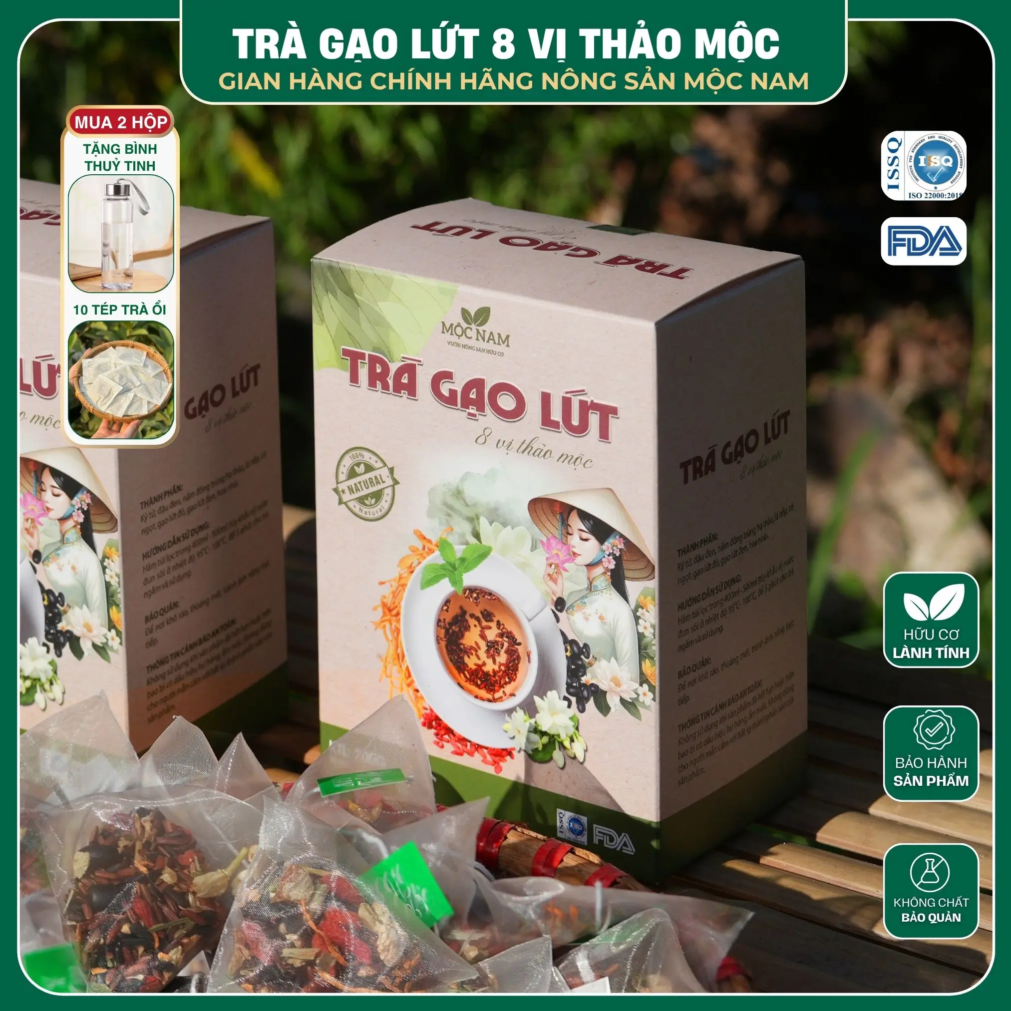 Trà gạo lứt 8 vị sấy lạnh Mộc Nam, kỳ tử, hoa cúc, hoa nhài, gạo lứt, đậu đen, đông trùng, cỏ ngọt, lá nếp - [ Combo 2 hộp tặng bình thuỷu tinh + 10 tép trà búp ổi non ]