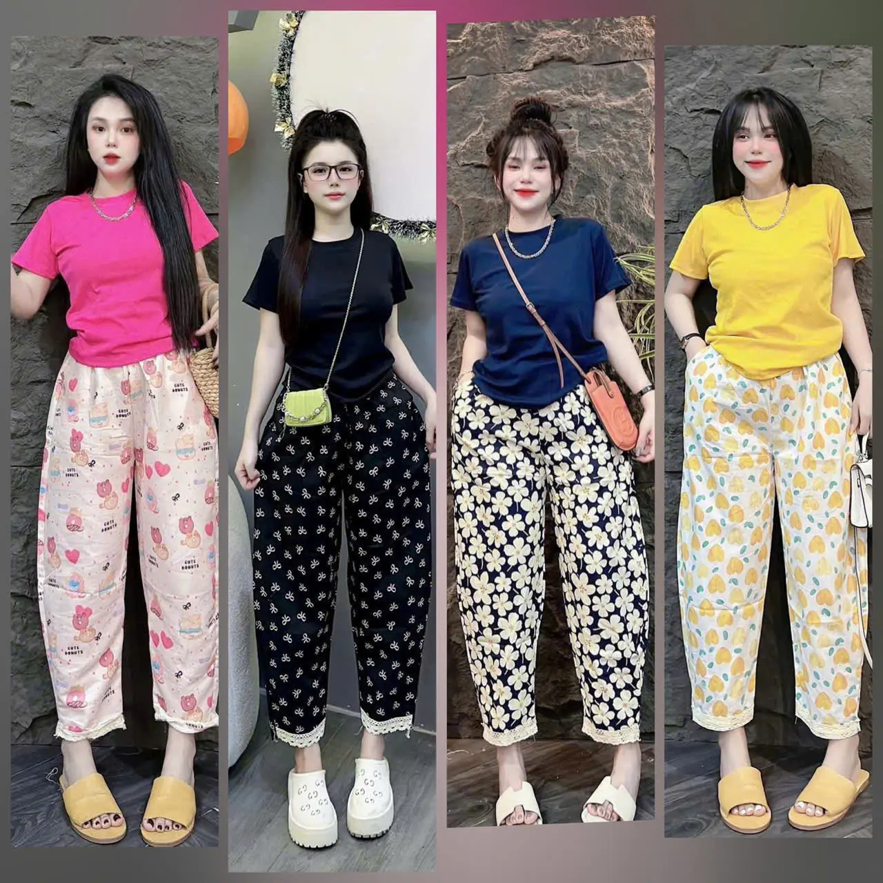 SÉT BỘ DÀI SUÔNG NỮ BAGGY HOA PHỐI HOẠT TIẾT CO GIÃN THUN TĂM CO GIÃN  FROM BIGSIZE Women Áo