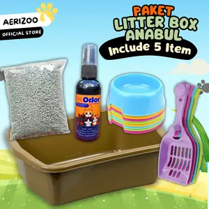 Aerizoo Paket Hemat Litter Box Kucing dan Mangkok Makan 5in1 dengan Perlindungan Odor dan Wadah Serbaguna