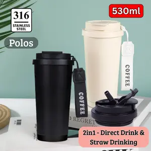 Tumbler Mug 2in1 Stainless Steel 530ml Tahan Panas Dingin / Gelas Kopi Lucky Polos