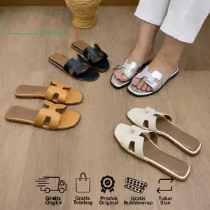 Brevinni Oran Sandal Flat Wanita Anti Slip Sandal Teplek Cewek Kualitas Terbaik Size 35-41 Warna Black Beige Khaki Silver
