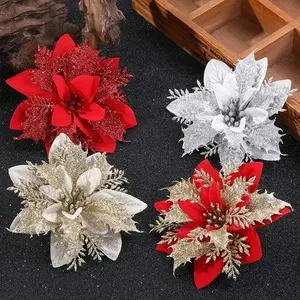 Bunga Hiasan Pohon Natal Poinsettia Glitter Artificial 15cm Hiasan Bunga Kastuba Ponsetia Christmas Bunga Glitter Poinsettia Aksesoris Hampers Dekorasi Pohon Natal