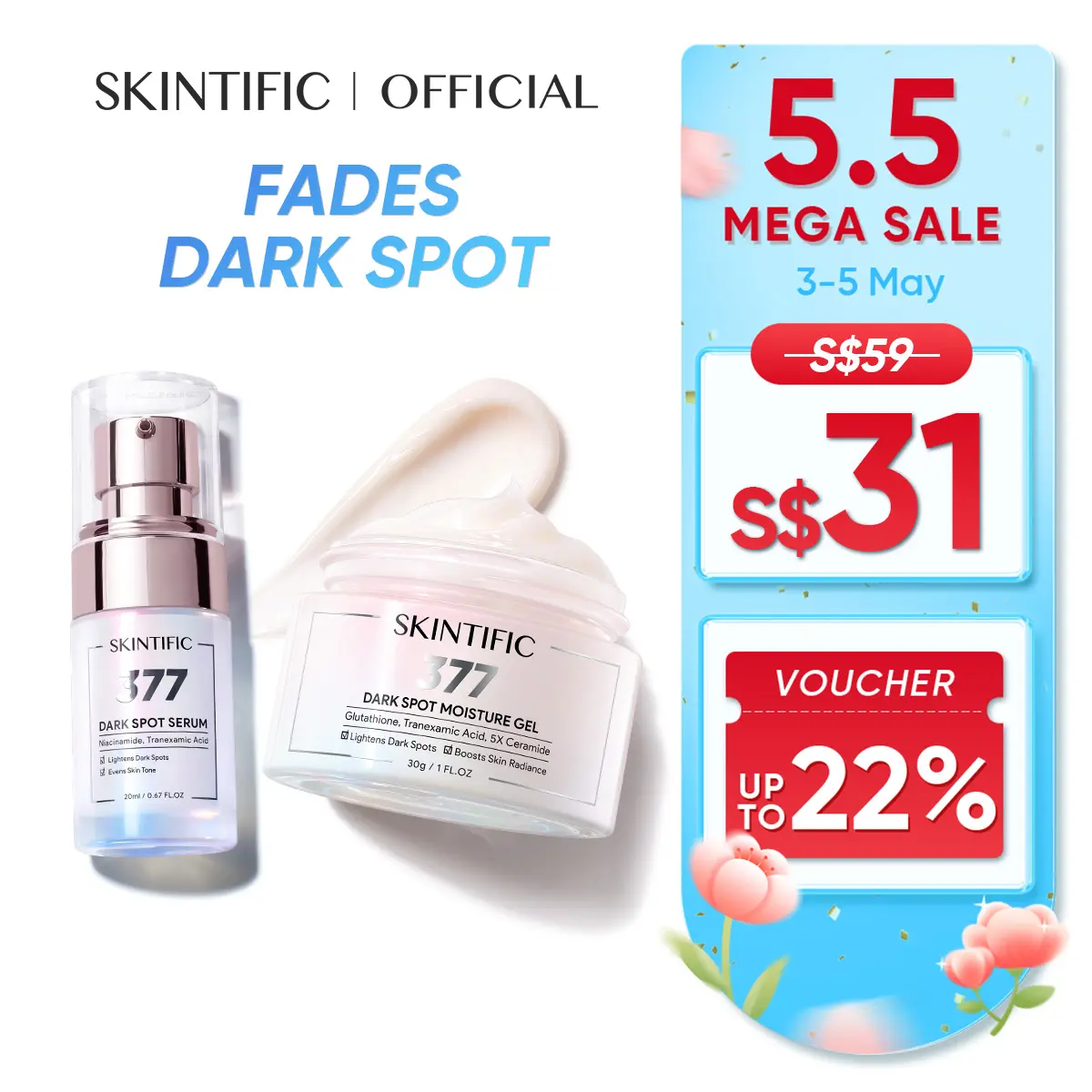 [SKINTIFIC OFFICIAL] SKINTIFIC Anti Dark Spot 2PCS SymWhite 377 Dark Spot Serum + 377 Dark Spot Moisturizer Fade Dark Spots Brightening Gentle Skincare Hydrating Skin Repair Moisture Comfort Hydrate fade darkspots