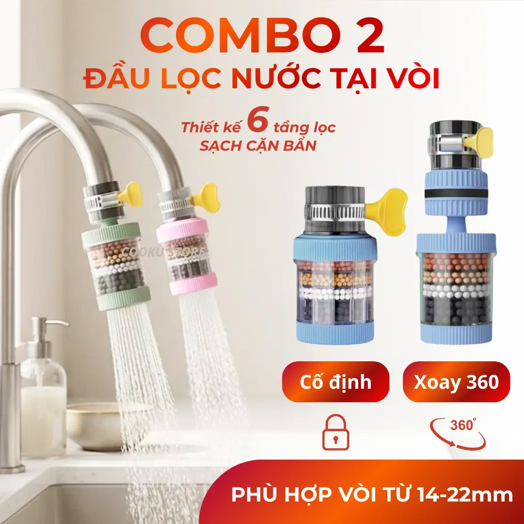 ( Loại xịn) Bộ 02 đầu lọc nước tại vòi loại lớn 6 tầng xoay 360 chịu nhiệt đến 60 độ C - hỗ trợ lọc cặn bẩn.