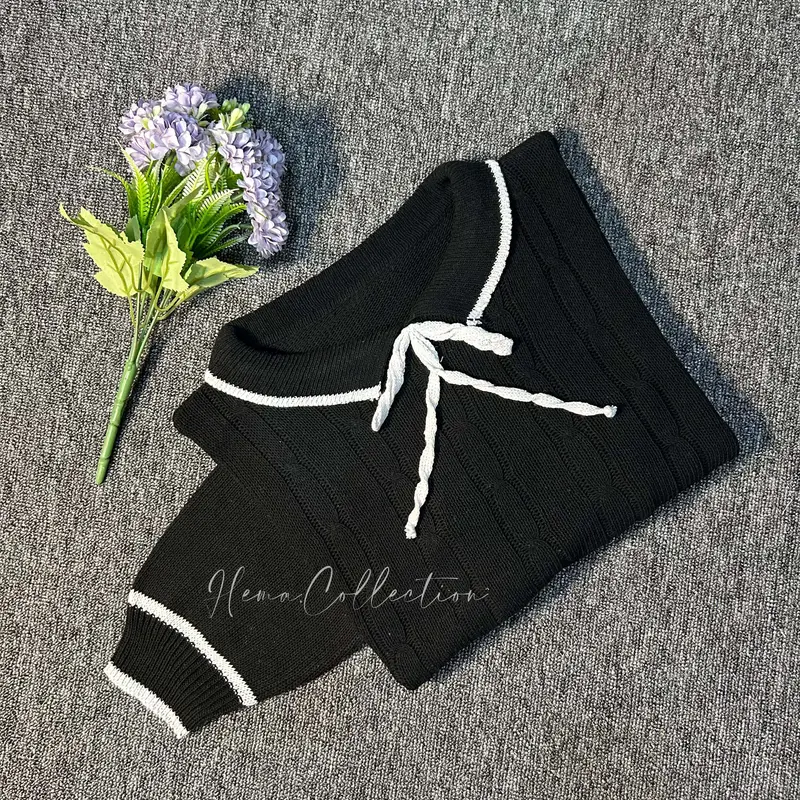 VERONIKA CABLE sweater rajut tali pita baju atasan wanita blouse korean style Knitwear Panjang Crop Top Casual Outer Cardigan Cewek Kardigan Oversize Hitam 6