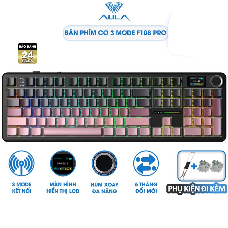 Bàn Phím Cơ AULA F108PRO Không Dây Fullsize Màn Hình LCD Âm Gõ Hifi Kết Nối 3 Chế Độ - Chính Hãng