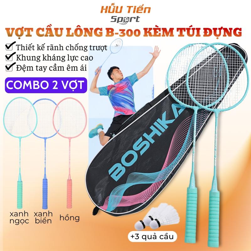 Bộ 2 Cây Vợt Cầu Lông Cặp Vợt BOSHIKA 300 Kèm Túi Đựng Cho Người Mới Bắt Đầu Hợp Kim Sắt Bền Bỉ Chắc Chắn