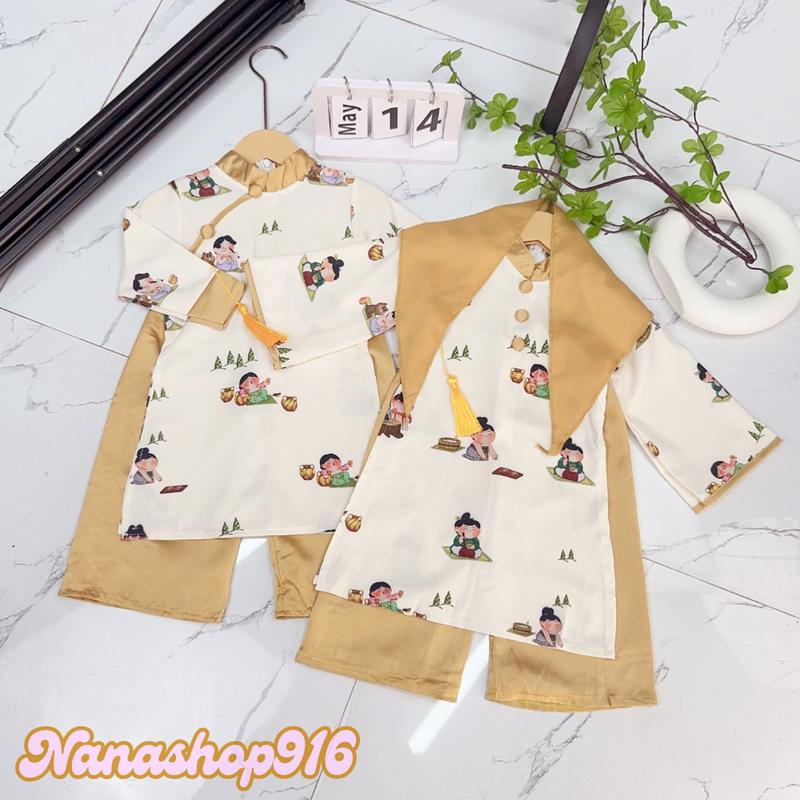 Nanashop916 Áo Dài Cách Tân Cho Bé Trai Bé Gái Hoạ Tiết Xinh Xắn Màu Vàng Chất Liệu Lụa Size Dưới 1m2 - Trộm Vía Tăng Size