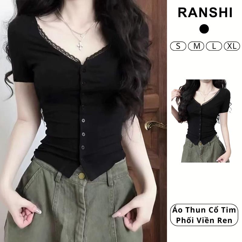 Áo Thun Nữ Ngắn Tay Cổ Tim Phối Viền Ren RANSHI Ôm Body Sexy Quyến Rũ Chất Cotton Mềm Mịn Co Giãn - RA335 Women Nữ Top