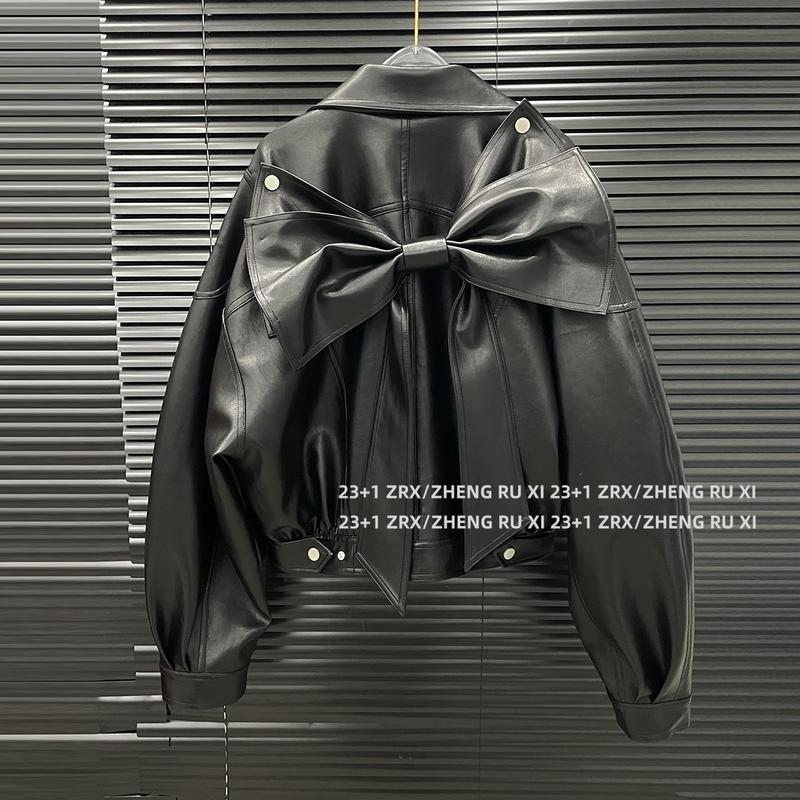 Áo Khoác Da PU Dành Cho Nữ Có Nơ Lớn Thiết Kế Độc Đáo Dáng Rộng Vừa Vặn Áo Bomber 15009