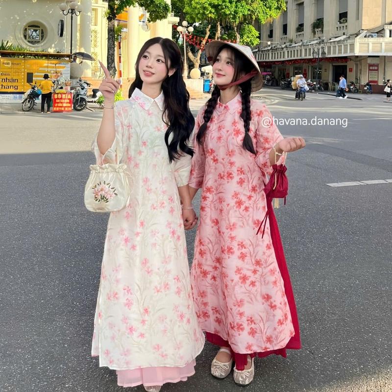 HAVANA CÓ BIGSIZE - Áo dài voan tơ NHƯỢC HY lá cổ sen in họa tiết hoa phượng phối cúc bọc kèm chân váy AD187