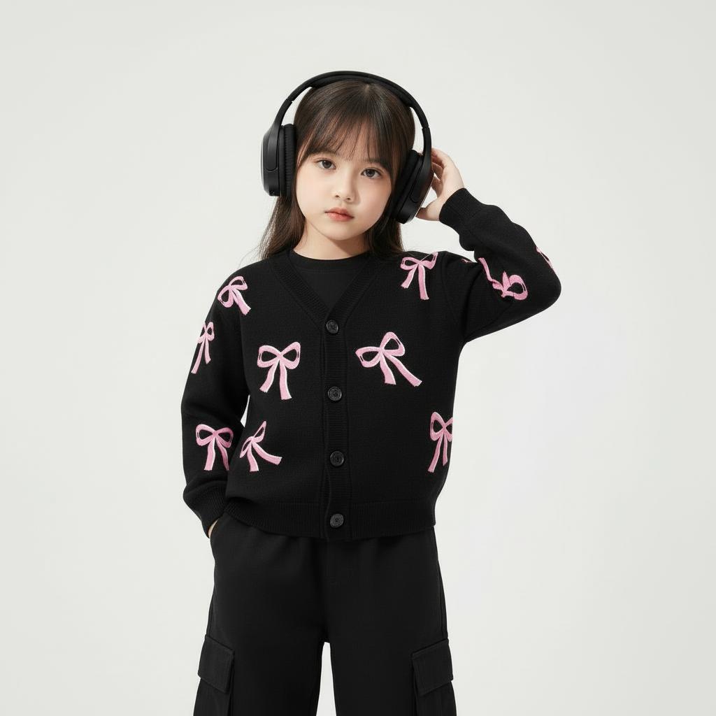 CAIFU Cardigan Pita Hitam Anak Perempuan Cardi Lengan Panjang Atasan Y2K Usia 3-12 Tahun Bahan Lembut Halus Nyaman Adem Variasi Warna Pastel Cantik Fashion