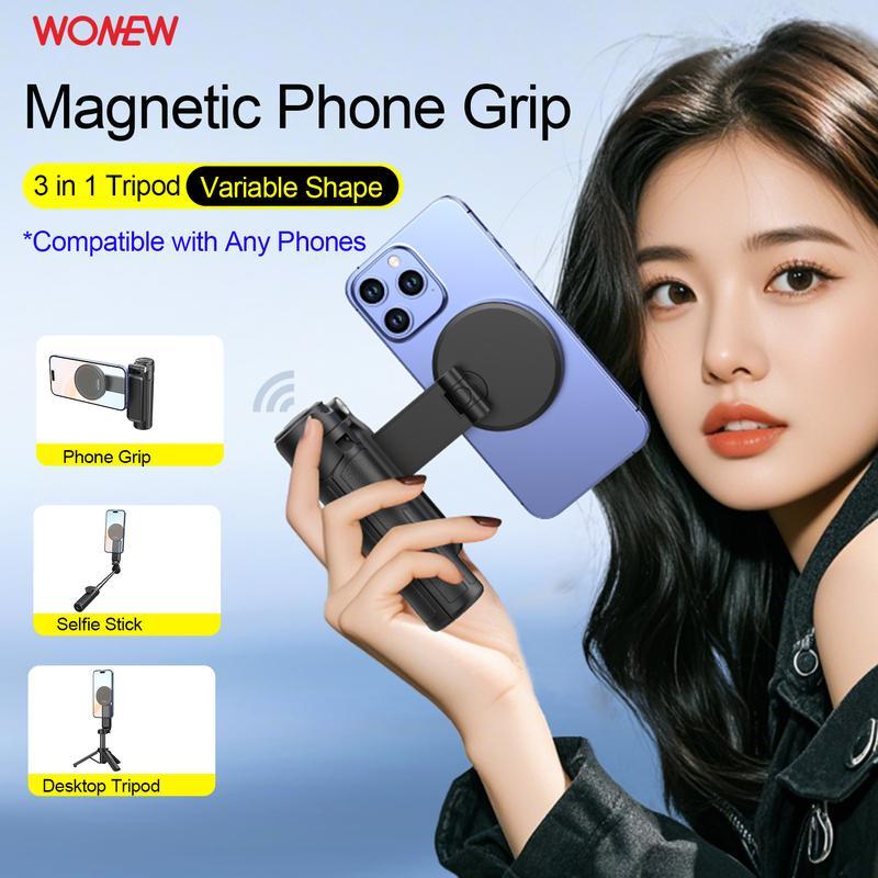 3-in-1 Magnetic Phone Grip，Magsafe phoneholder，Wonew Palm-Size Selfie Stick/Tripod，travel selfie portable，with Bluetooth remote， 0