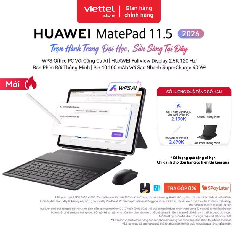 Máy tính bảng HUAWEI MatePad 11.5 2026 | WPS Office PC | FullView Display 2.5K 120Hz | Bàn Phím Rời
