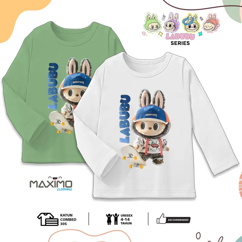 Kaos Baju Labubu Anak Skate Lengan Panjang Usia 4-12 Tahun Bahan Katun Combed 0