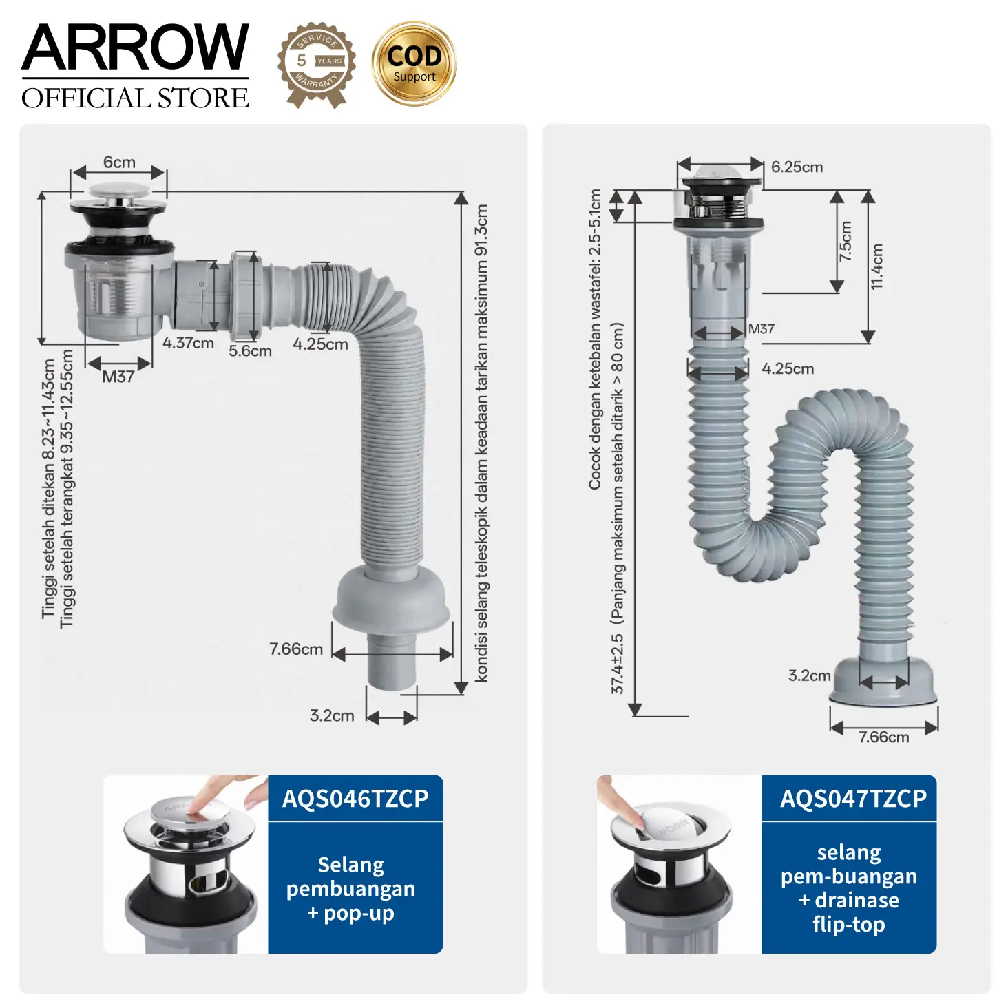 ARROW Set Pembuangan Wastafel Kamar Mandi Universal | Selang Fleksibel Stainless Steel Anti Tersumbat | Cocok Wastafel Dengan & Tanpa Lubang Overflow | Pemasangan Mudah Tanpa Alat | Perlengkapan Wastafel