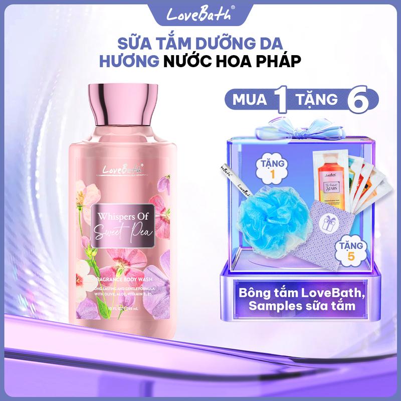 Hộp Sữa Tắm Hương nước hoa Pháp Whispers of Sweet Pea 295ml Chiết xuất từ dầu Olive {Quà tặng bông tắm & 5 gói sữa tắm 12ml} | Lovebath Việt Nam