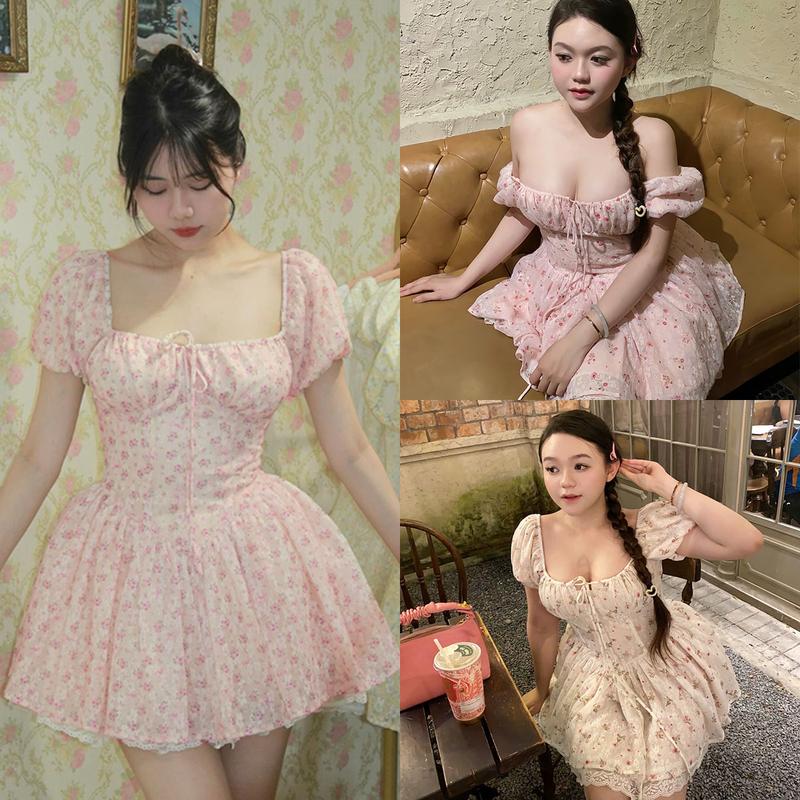 Kèm Quần Đầm Công Chúa Bigsize nista Xòe Ngắn Tùng Phồng Hoa Nhí Bigsize từ 60-90kg Đi Chơi Màu Hồng Màu Kem Women Nữ Dress Voan Váy Thường Mặc Váy Dự Tiệc dress havana Váy Hoa Nhí Đầm nữ tay