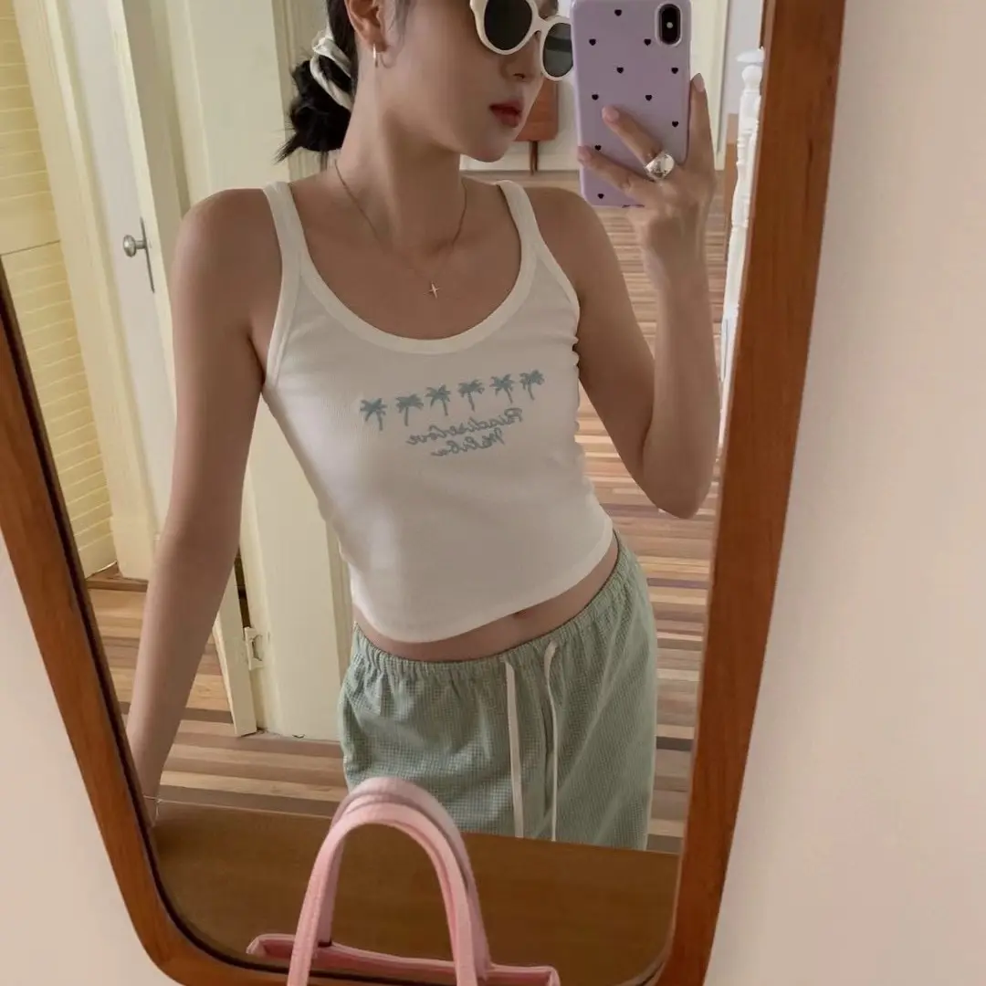 White Brandy Melville Inspired Cotton Top With Palm Tree Stitching, Summer Island Holiday vibes, Casual and Comfortable