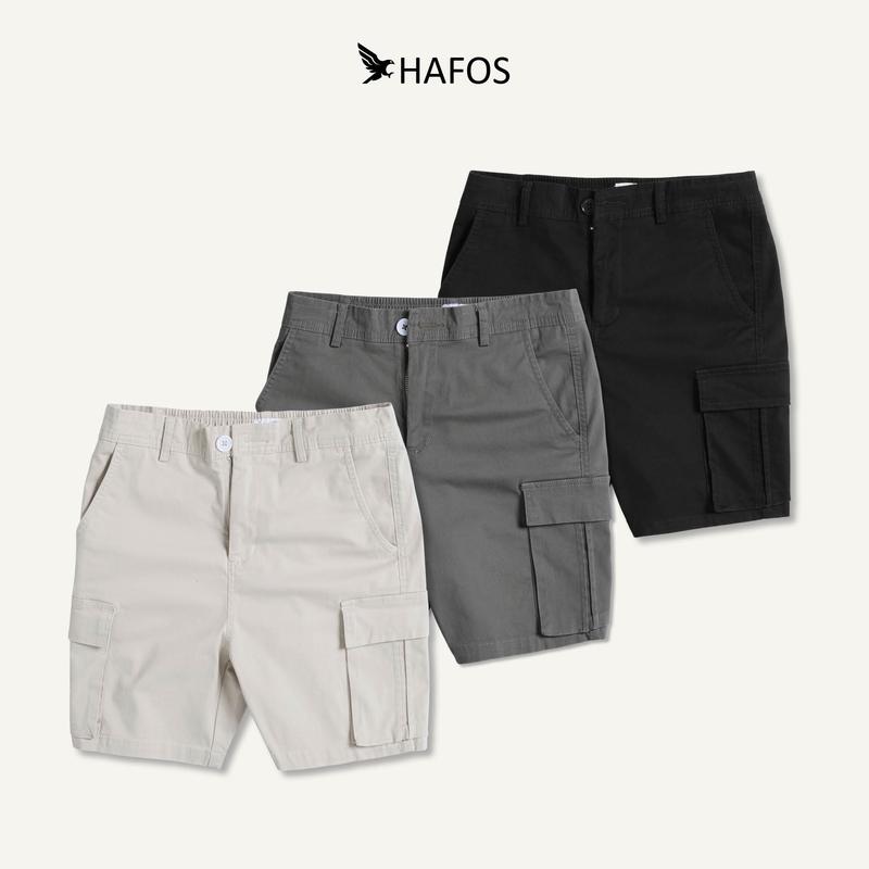Quần Lửng Túi Hộp Hafos, Quần Short CARGO Kaki nam chất vải Kaki Cotton; lưng thun co giãn,Có Túi, Form Regular Fit, menswear