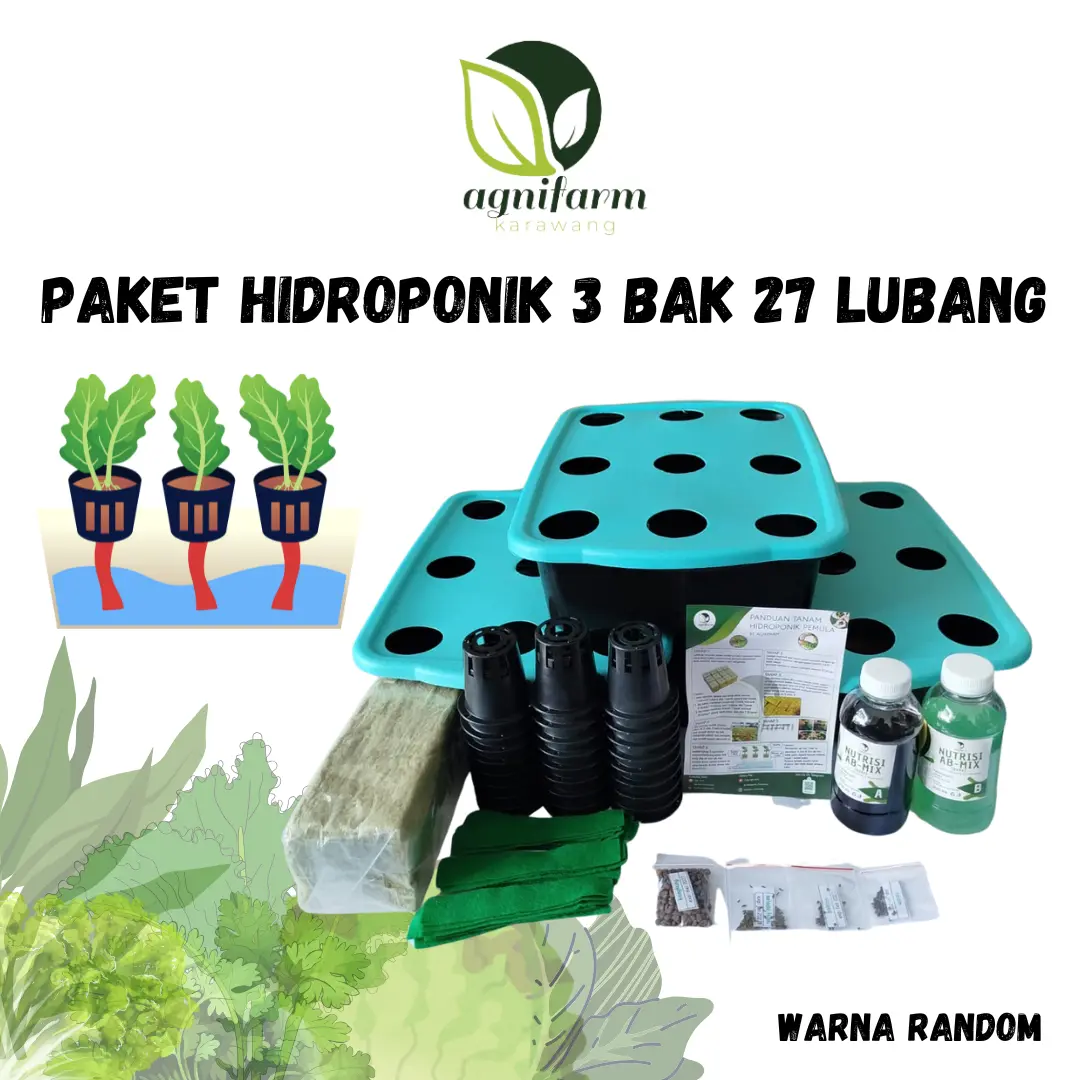 Agnifarm PAKET HIDROPONIK LENGKAP 3 BAK 27 LUBANG Set Benih Sayur Gratis Sistem Wick Cocok untuk Lahan Sempit