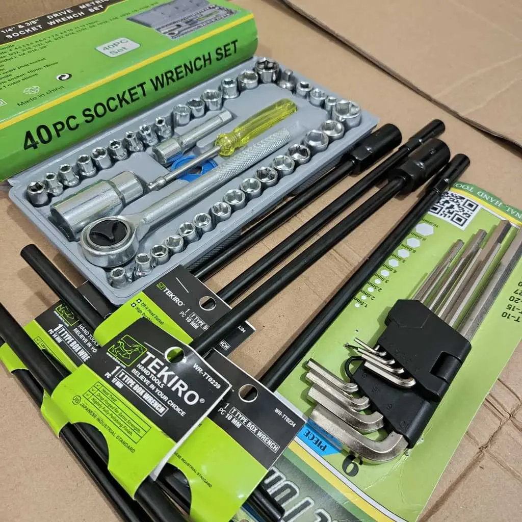 TEKIRO Kunci T 4pcs 8-10-12-14mmn + Kunci Shock Sock Set 40 Pcs + Kunci L Set 9 Pcs / Paket Kunci Lengkap Perkakas Motor