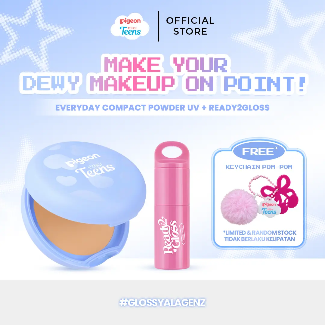GLOSS & GO | KIT Pigeon Teens Ready2Gloss 1.8ml + Pigeon Teens Everyday Compact Powder + UV Filter 9 Gr|Bundle Makeup Remaja Isi 2 Pcs
