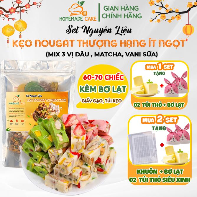 Set làm Kẹo Nougat 60-70 chiếc Thượng hạng- Nguyên liệu Kẹo Hạnh Phúc mix 3 vị Ít Ngọt Siêu Hạt-Snack Ăn Vặt Candy