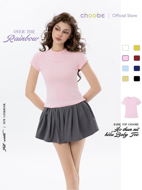    MỞ BÁN  Áo thun baby tee Babie Top Choobe dáng lửng ôm thắt eo áo phông nữ cotton co giãn thêu logo A140 