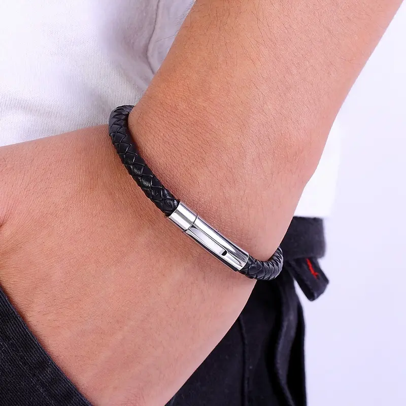 Gelang Kulit Pria Stainless Steel Hitam Klasik Model 2025 - Men 2