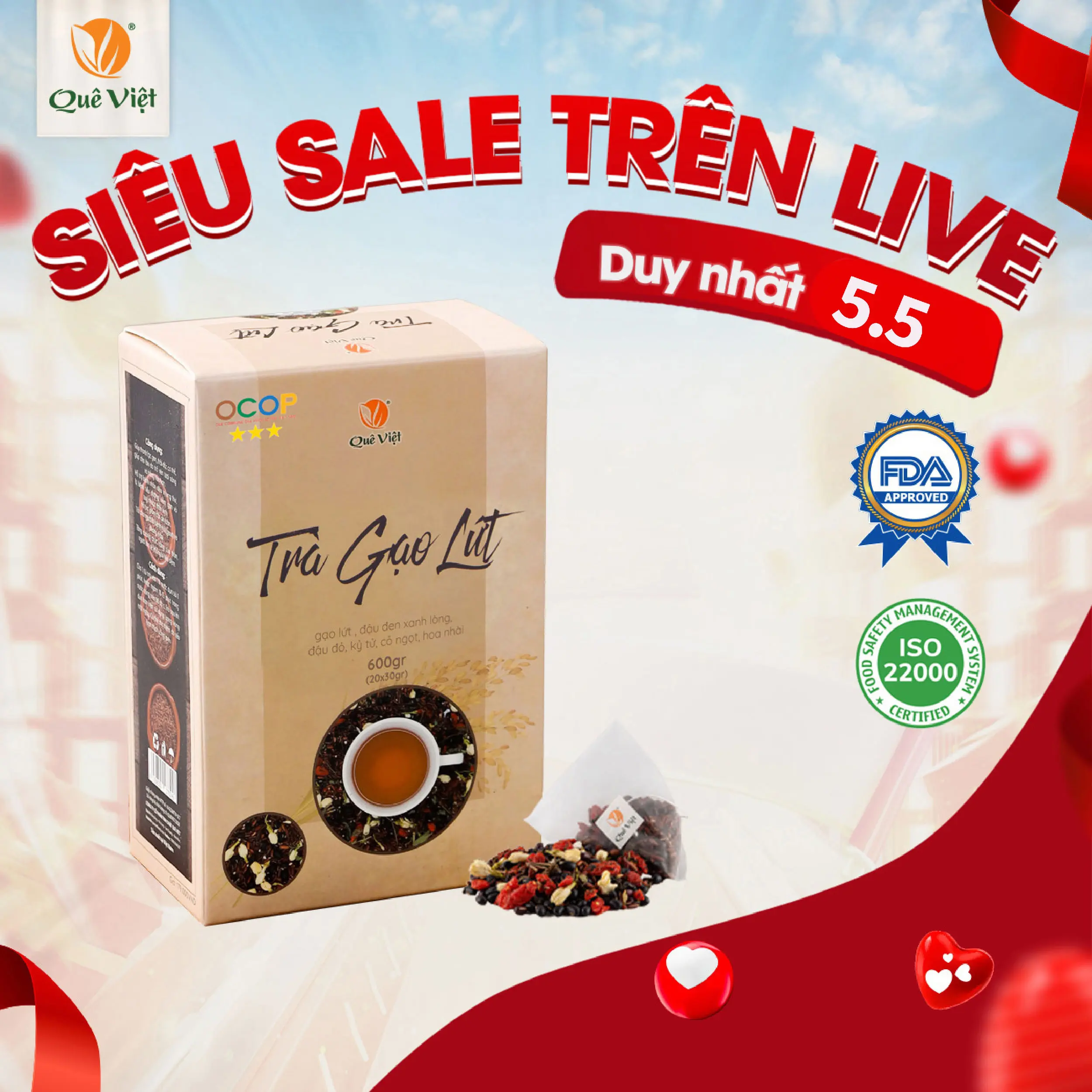 Trà gạo lứt Quê Việt hộp 600g ( 20 túi x30g) Nước Trà Tea Chè