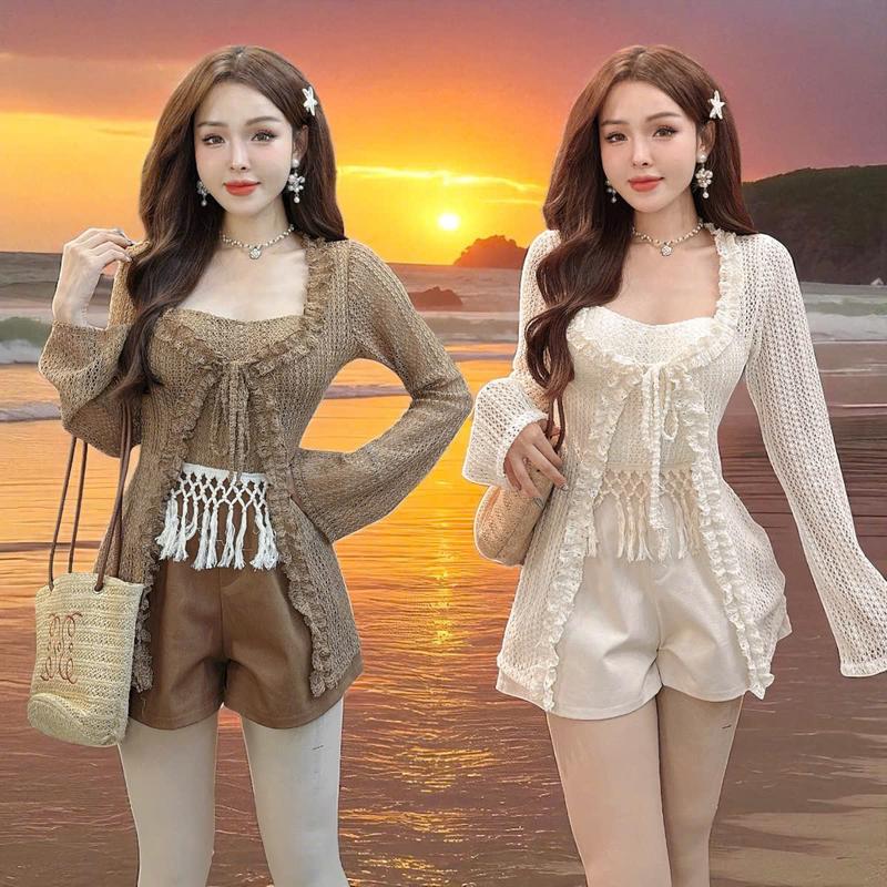 Set quần áo CRAZYTEEN S6264 gồm áo ống và quần short để đi chơi ( Áo ống/ Quần short/ Áo khoác ) Set đồ sang chảnh