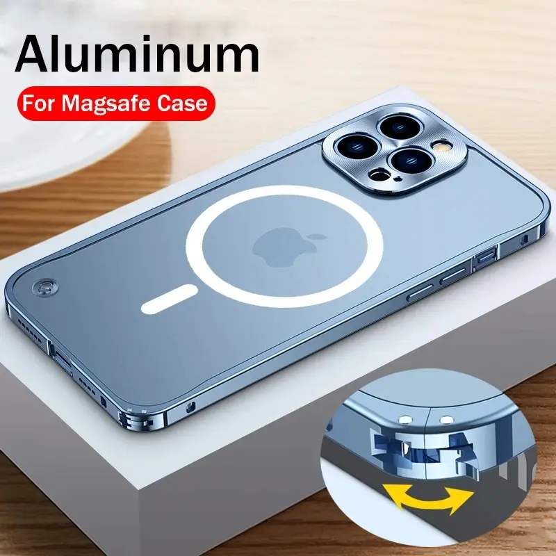 Luxury Aluminium Alloy Metal Frame Magsafe Phone Case for Iphone 16Promax 16Pro 16Plus 16 11 12 13 14 15 Pro Max Plus 12Mini 13Mini Support for Magnetic Wireless Charging Clip Casing Cellphone Screen Protector Smartphone Shockproof Cover