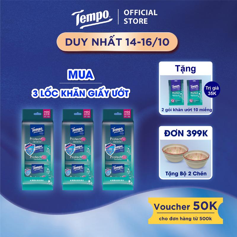 [MUA 3 LỐC TẶNG 1 GÓI KHĂN ƯỚT] Khăn giấy ướt Mini Tempo Protect Ngăn Ngừa Vi Khuẩn cao cấp - Diệt khuẩn 99% - Thương hiệu Đức