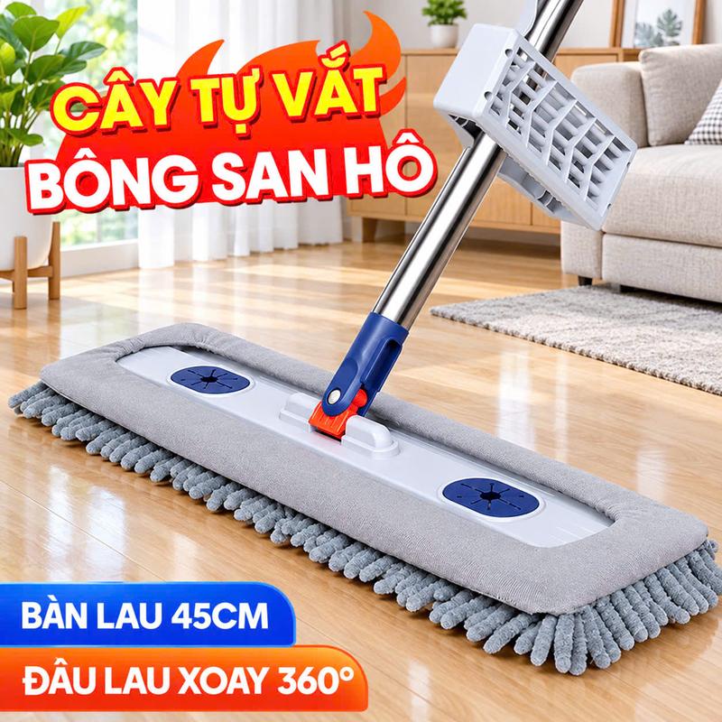 Cây chổi lau nhà tự vắt san hô 45x12cm , Xoay 360 Độ, Làm sạch hiệu quả, tặng kèm 2 bông lau