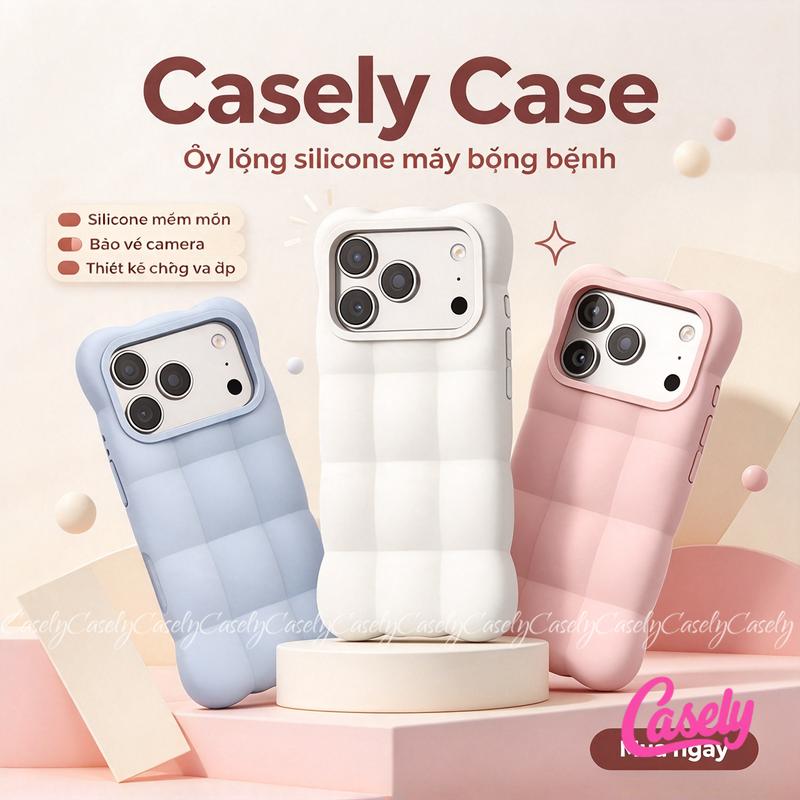 Ốp lưng iPhone 18 17 11 13 16 15 14 12 Pro Max 15 14 16 Plus silicon bọng bệnh 3D ô vuông, mềm mại êm tay, bảo vệ camera cao viền, chống va đập tốt, màu pastel xinh xắn nhiều lựa chọn