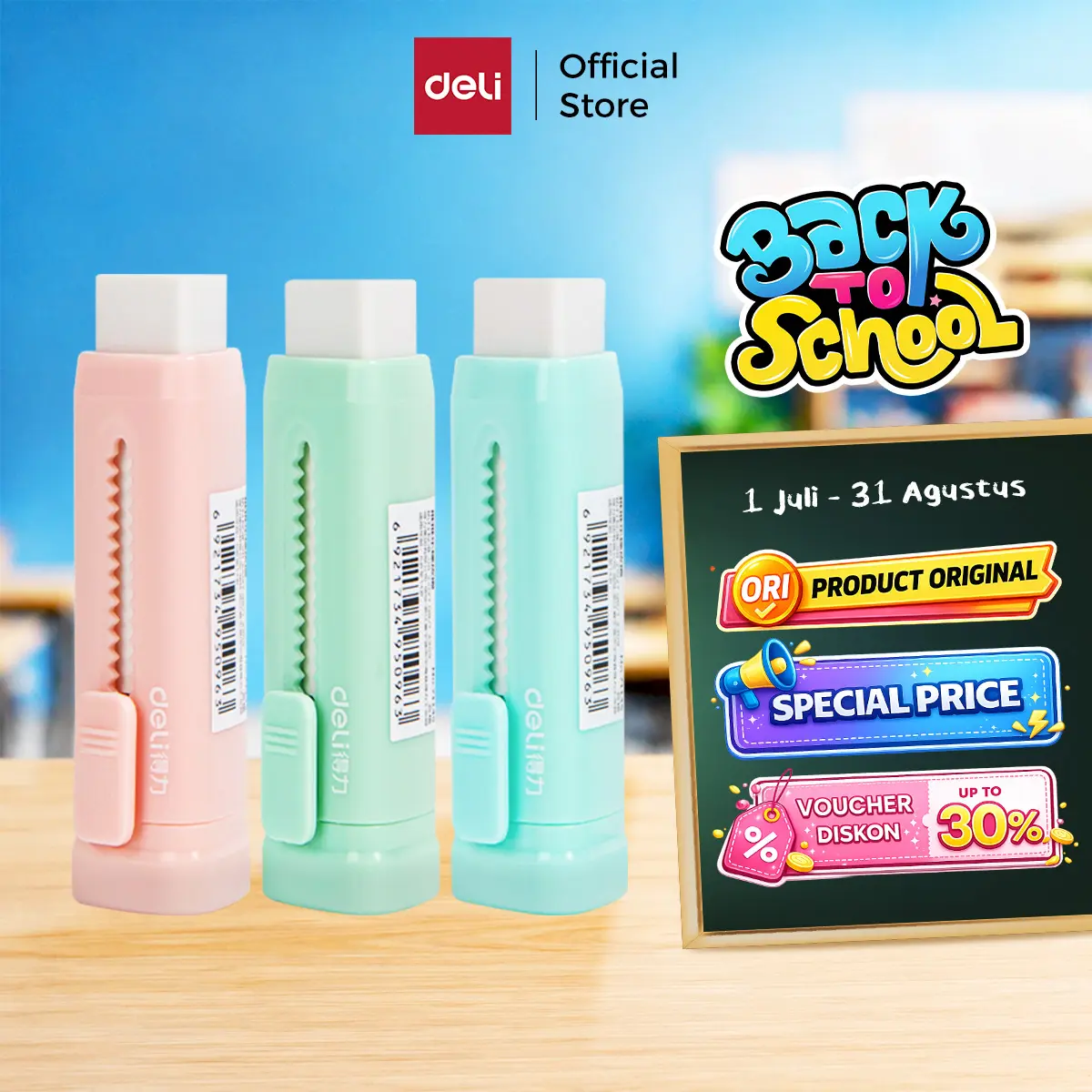 Deli Sliding Eraser / Penghapus Mekanik / Hapusan Mekanik Warna Lucu Tidak Meninggalkan Serpihan Bahan TPR+ABS 71145 stationery