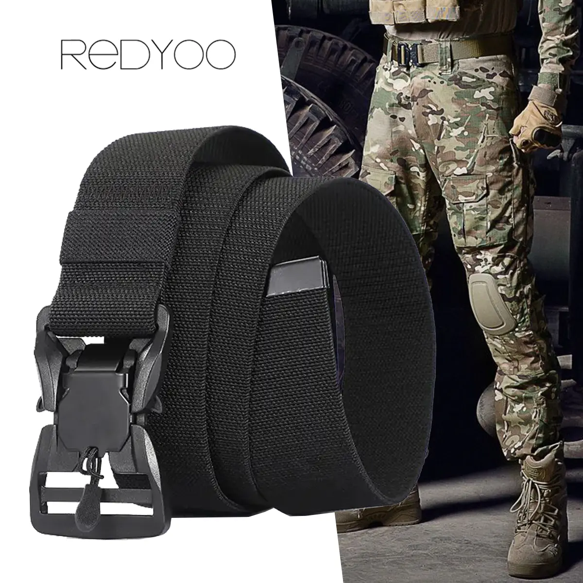 REDYOO Men Belt Magnetic Buckle Quick Release Elastic Belt Casual Nylon Tooling Training Belt Men's Trousers Belt