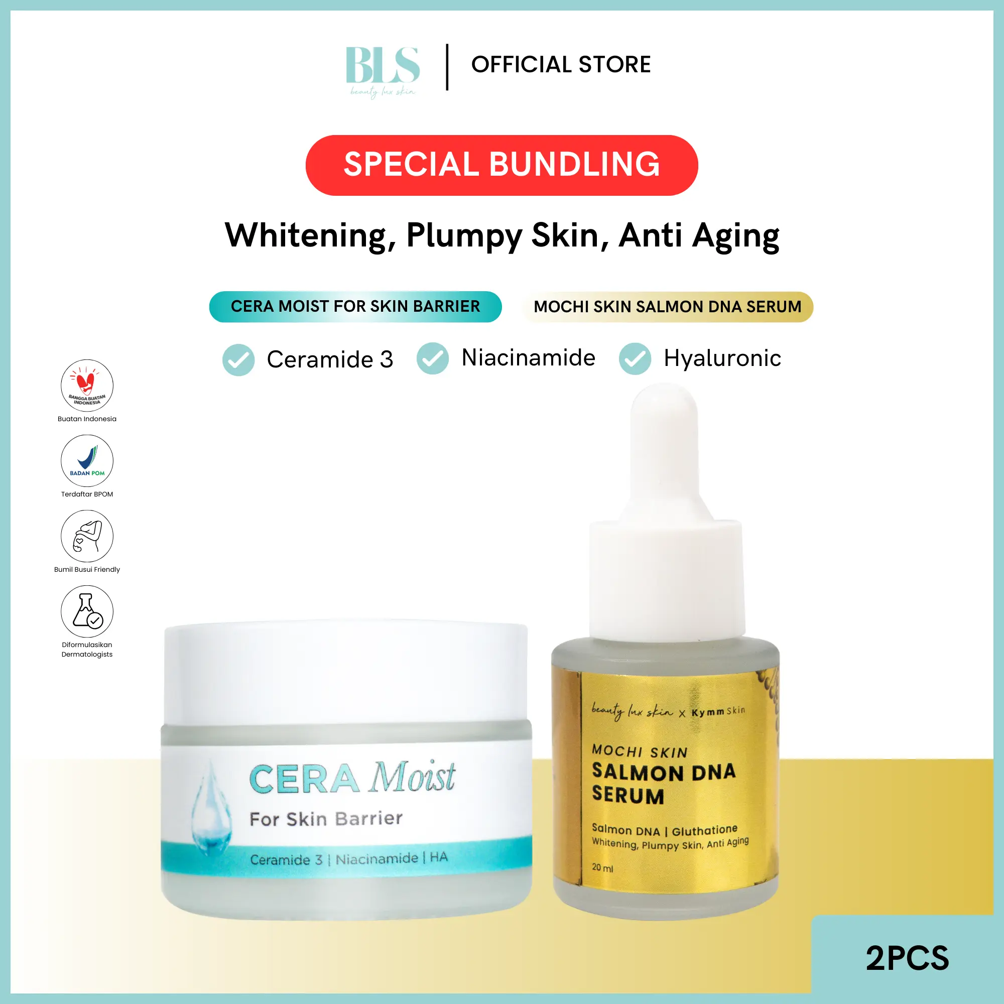 [Beauty Lux Skin] [2pcs] Salmon DNA Mochi Skin Serum + CeraMoist Moisturizer | Mencerahkan Wajah, Anti Aging, Brightening, Glowing with Ceramide Skin Barrier