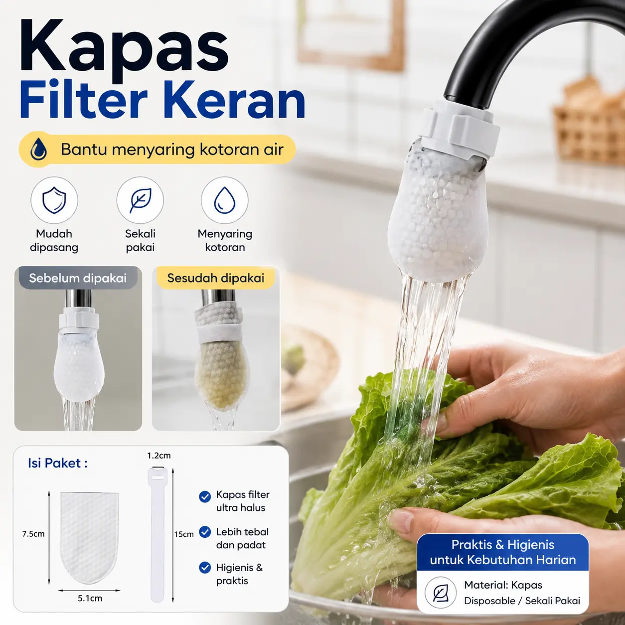 【COD】Filter kapas pemurni air keran memurnikan air tanah, air keran, air mata air pegunungan, dan menghilangkan endapan serta kotoran, dipertebal untuk penggunaan universal rumah tangga.