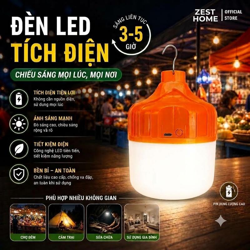 [HÀNG LOẠI 1] Bóng Đèn Tích Điện 150W-200W Siêu Sáng Chất Liệu Nhựa ABS Độ Bền Cao Có Móc Treo Tiện Lợi Cho Hoạt Động Ngoài Trời, Bán Hàng Đêm Và Khi Mất Điện