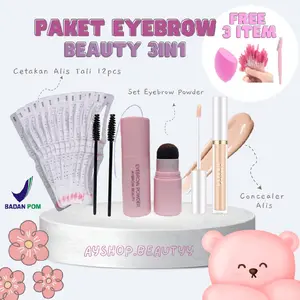 (BPOM 8item) Aybrow Beauty Paket Ngalis 3in1 - Paket Eyebrow 3in1 (Eyebrow Powder, 12 Cetakan Tali, Concealer free Sisir Alis dan Cetakan Single) Set