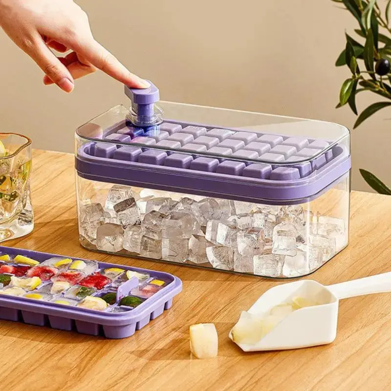 [ASJ] Cetakan Es Batu 32 Grid 2 Tray Wadah Transparan / Ice Cube Maker Press Handle Kitchenware Hijau Ungu 0