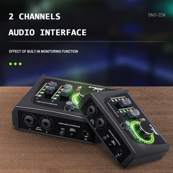Bomge 22M 2 Channel Usb Audio Interface Soundcard Untuk Rekaman, Streaming Dan Podcasting, Dengan Xlr/48V Phantom Power, Antarmuka Audio Kualitas Studio Untuk Gitaris, Vokalis, Podcaster Atau Produser Berkualitas