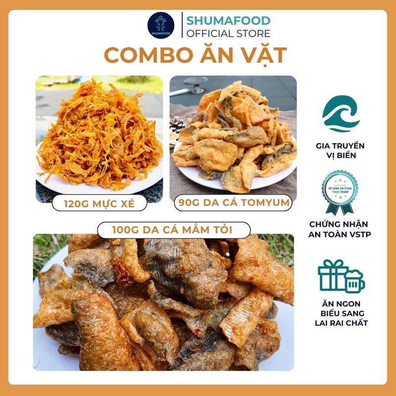 Combo Ăn Vặt ShumaFood: 100g khô da cá mắm tỏi 120g khô mực xé 90g da cá tomyum snack ăn vặt giòn cay đậm vị 