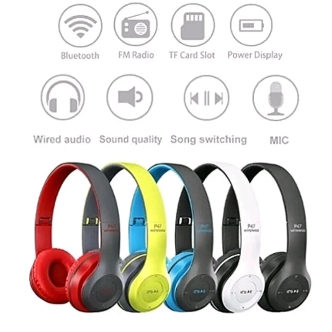 Headphone P47 AUX Bisa Telepon Earphone Headfree Bluetooth Wireless Headphone HIFI Stereo Bass Headset Support TF Card Sport Gaming Blututh Smart Display Hedset Earphone Hp Asesoris Musik Mp3 Player Speaker Spiker Sound Komputer Laptop