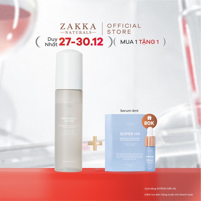  Sữa Rửa Mặt Tạo Bọt Zakka Naturals BHA AHA Mandelic Glow Foam Cleanser 185ml 