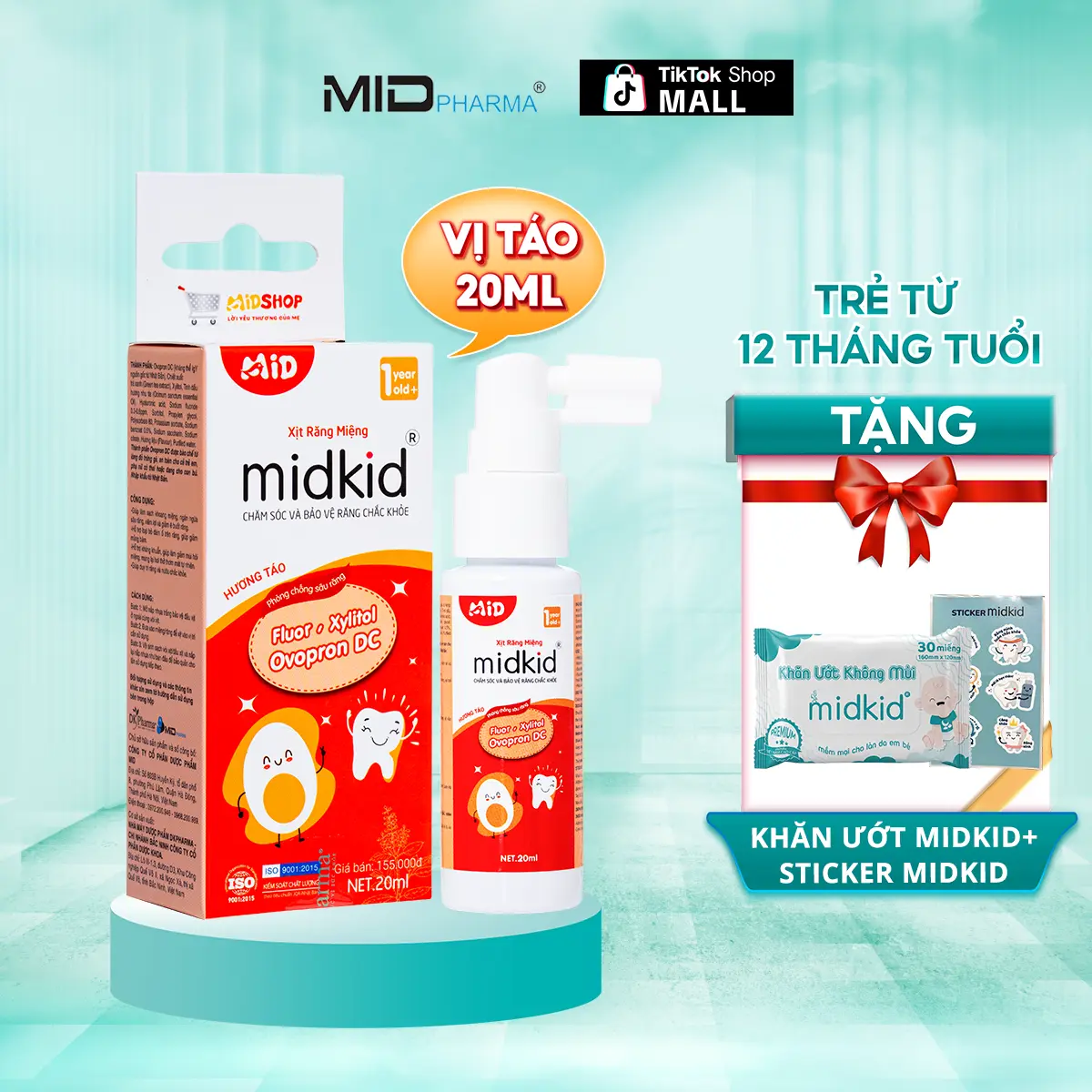 Xịt chống sâu răng MIDKID vị Táo 20ml ngọt thơm cho bé từ 1 tuổi giúp bảo vệ men răng, sạch thơm miệng, ngăn ngừa mảng bám ố vàng, nuốt an toàn - Tặng Khăn Ướt Midkid + Sticker